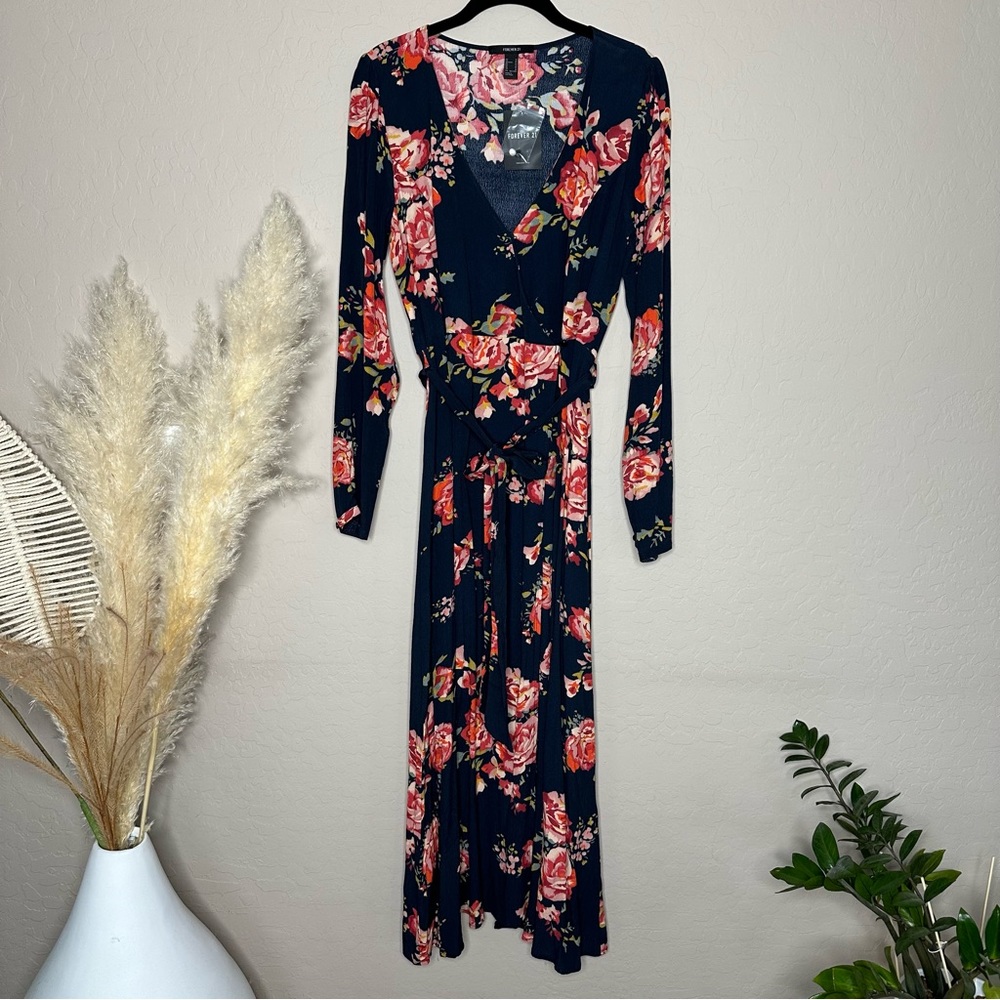 Navy Blue Floral Print Long Sleeve Maxi Wrap Dress, size medium